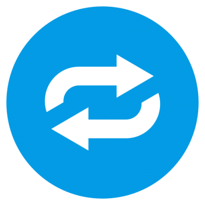 Blue circle with white iconic imagery of two arrows spinning in an oval.
